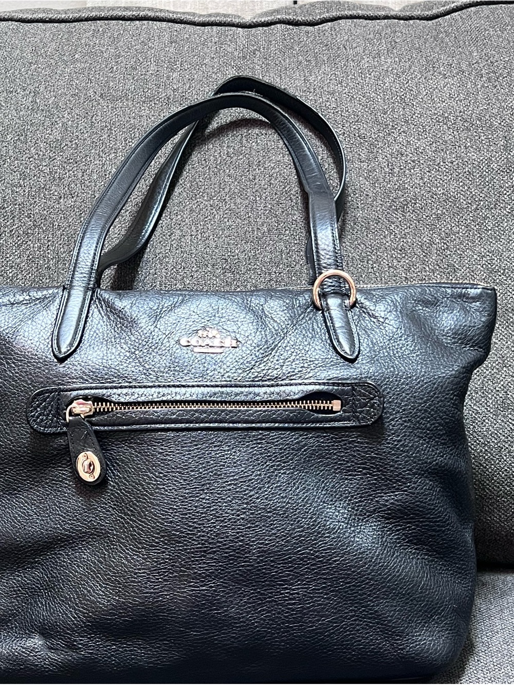Coach Black Leather Shoulder Tote with Front Zip